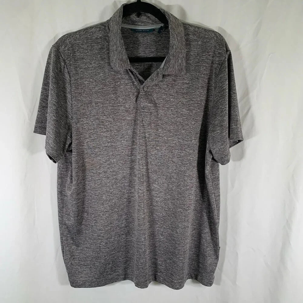 Perry Ellis Polo Shirt Men's Large Grey Short Sleeve 1/4 Button Collared Polyest
